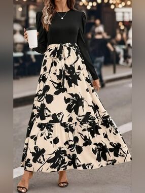 Black & Cream Floral Long Sleeve Maxi Dress
